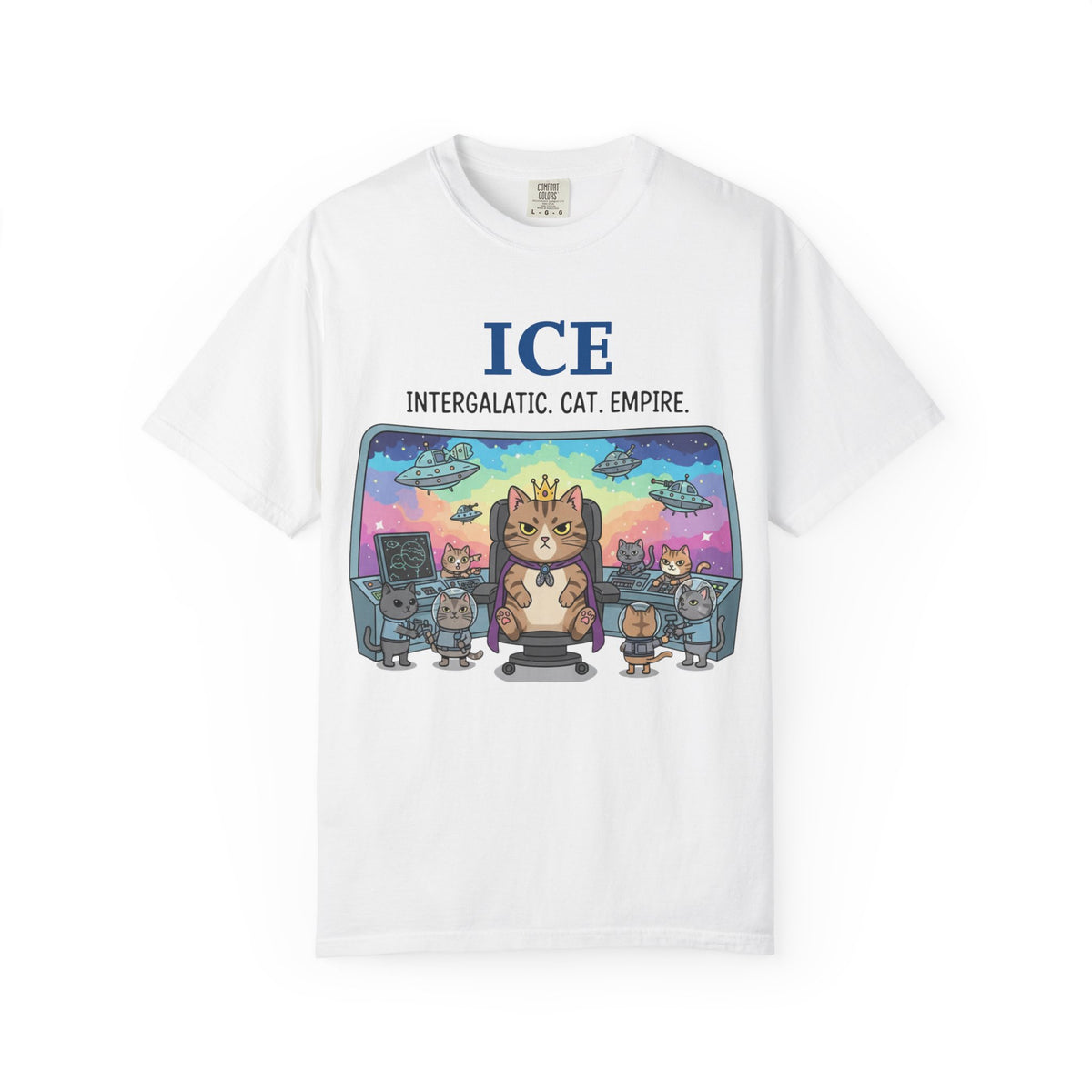 Color: White | ICE (Intergalactic Cat Empire) Unisex Garment-Dyed T-shirt