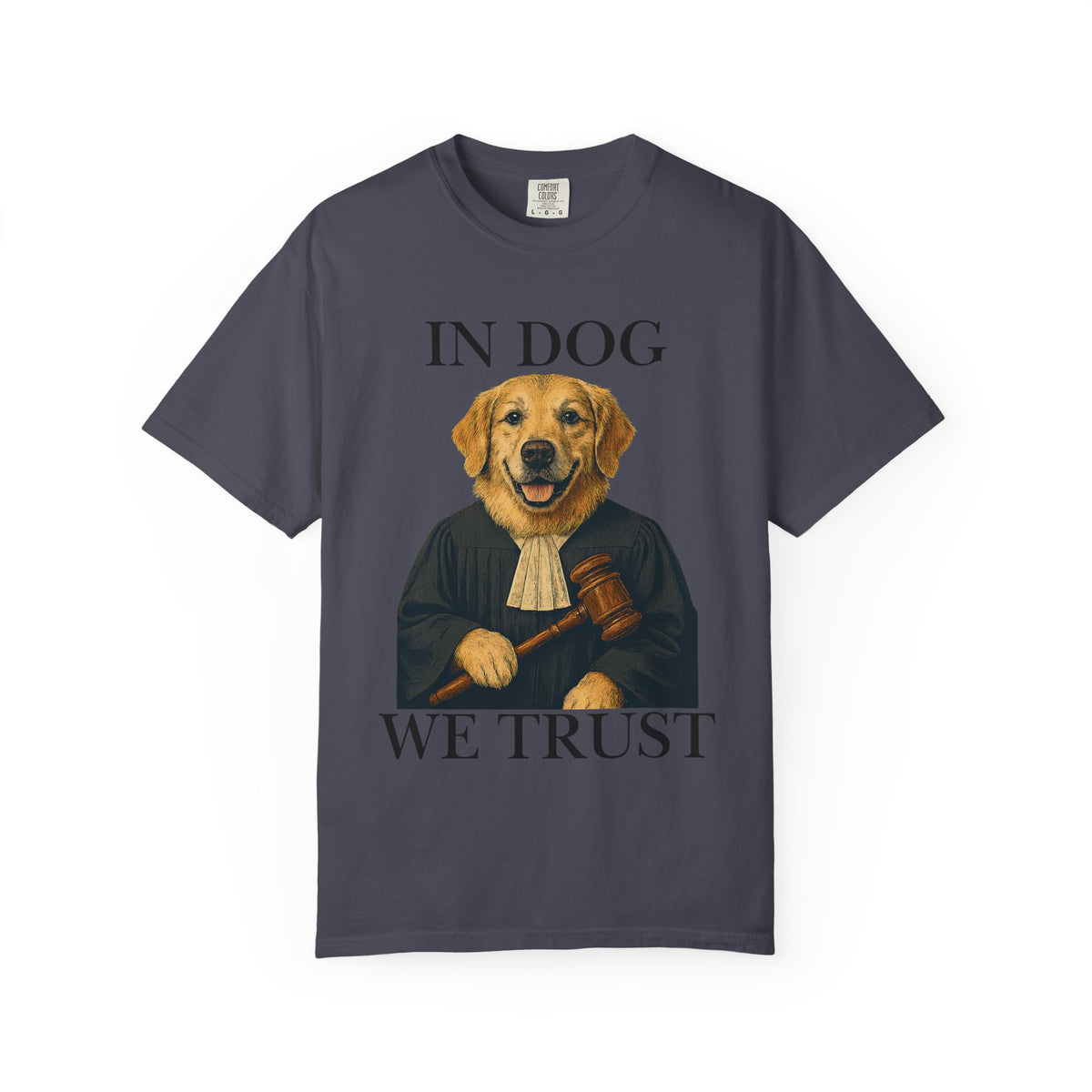 Color: Navy | In Dog We Trust (The Honorable Goldie) Unisex Garment-Dyed T-shirt