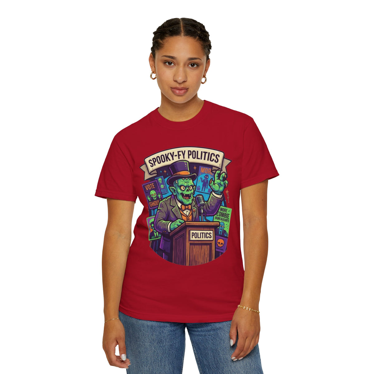 Color: Red | Spooky-Fy Politics Unisex Garment-Dyed Tee