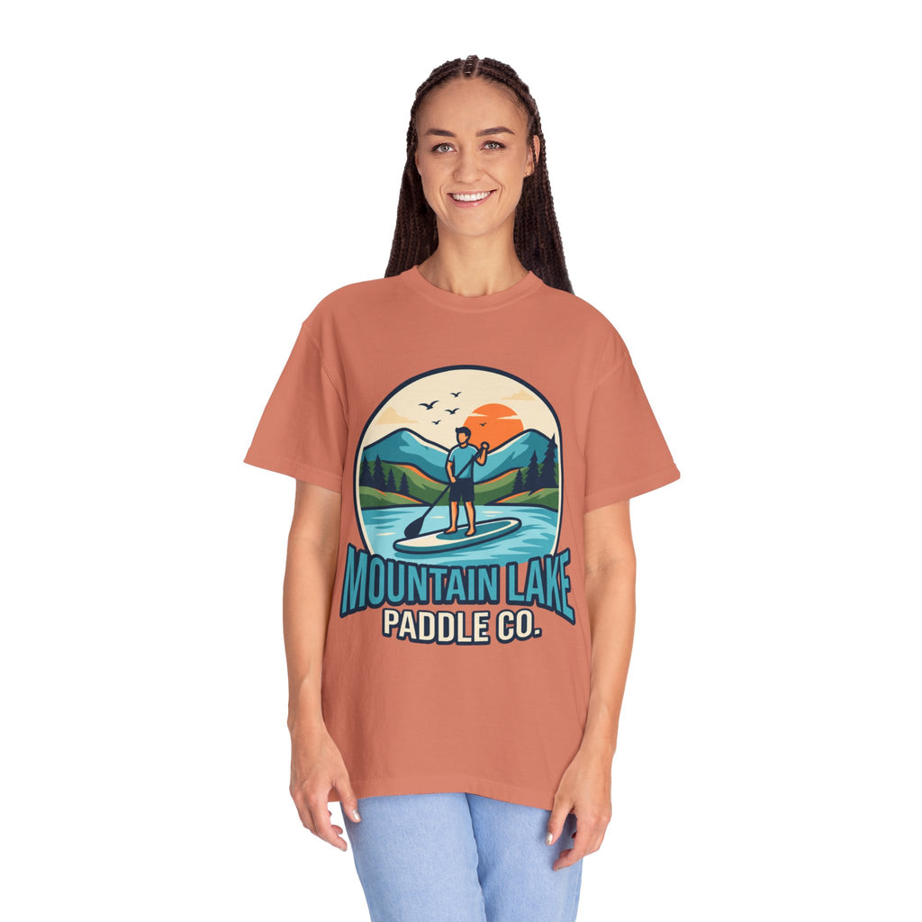 "Mountain Lake Paddle Board" Unisex Garment-Dyed Tee