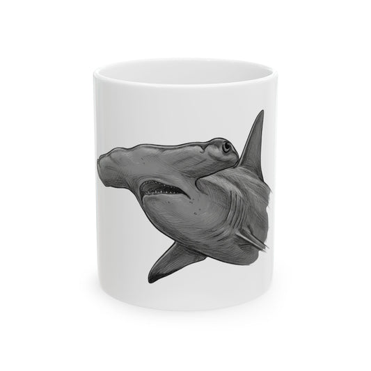 "Pencil Sketch Art Hammerhead Shark" White Ceramic Mug — Graphic