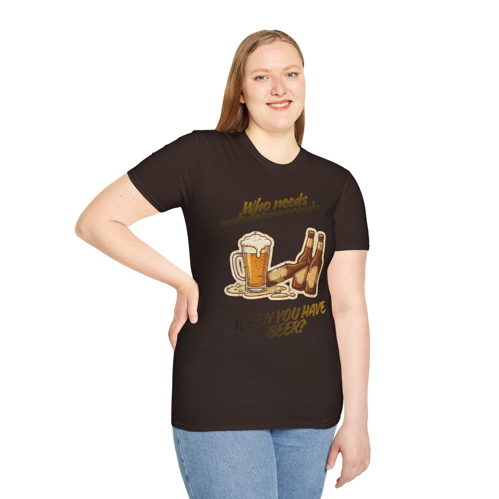 Beer Graphic T-Shirt — "Who Needs Antidepressants When You Have Beer?" Retro Pint Design
