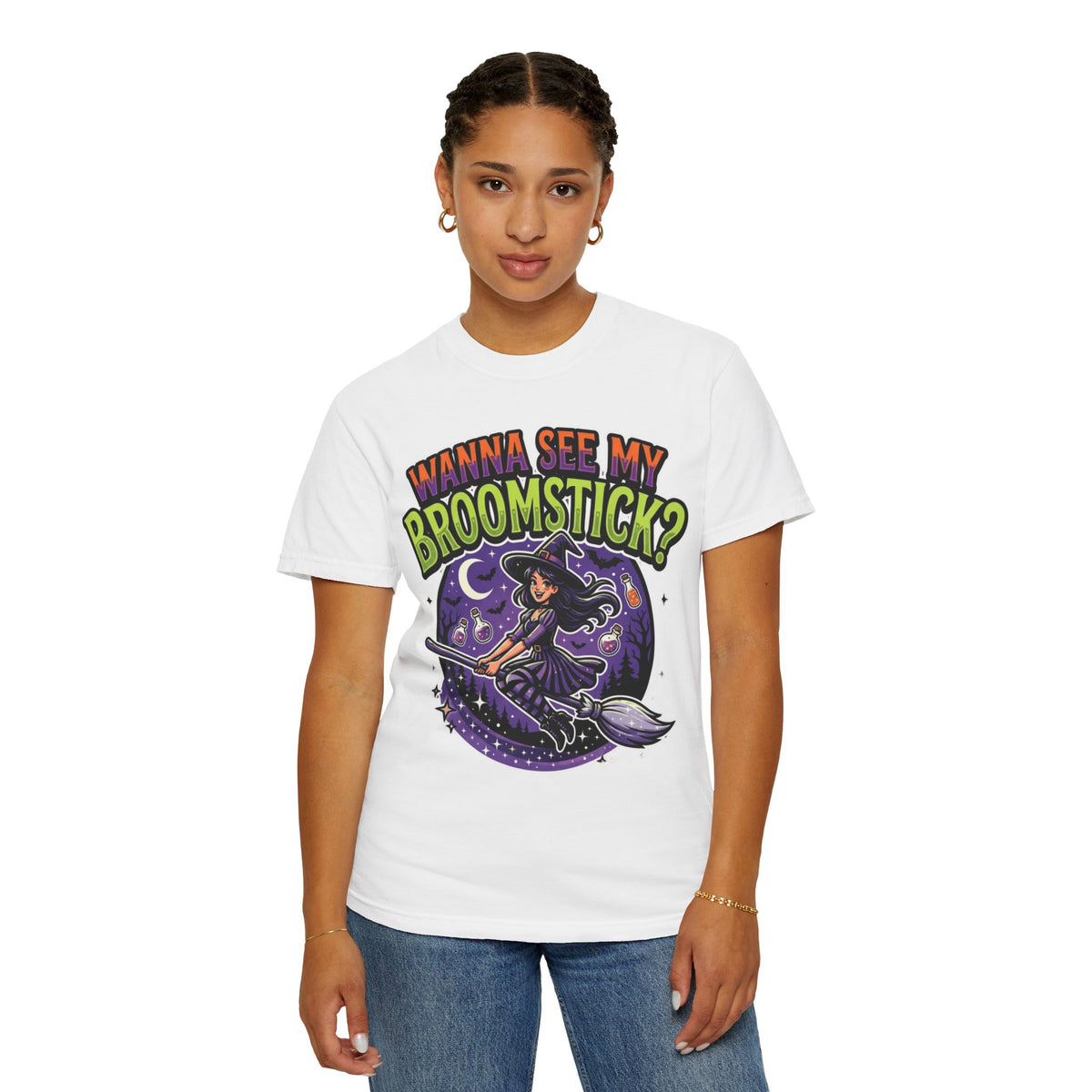 Color: White | Wanna See My Broomstick Unisex Garment-Dyed Tee