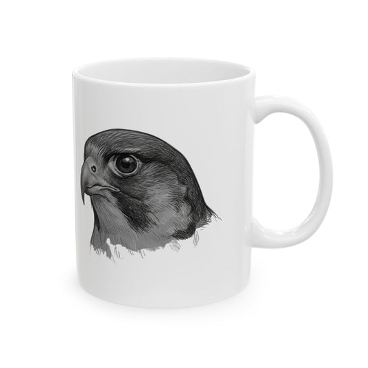 "Pencil Sketch Art Falcon" White Ceramic Mug — Graphic