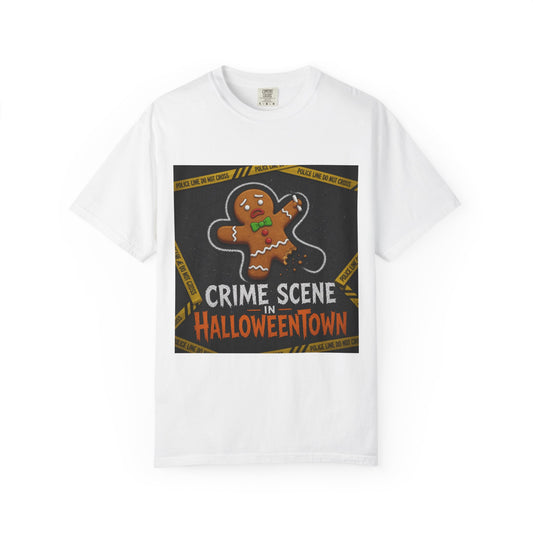 Color: White | Crime Scene in Halloweentown Unisex Garment-Dyed Tee