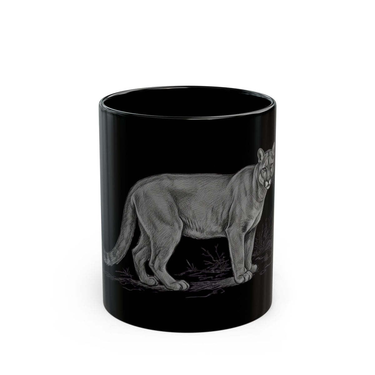 "Pencil Sketch Art Mountain Lion" Black Ceramic Mug