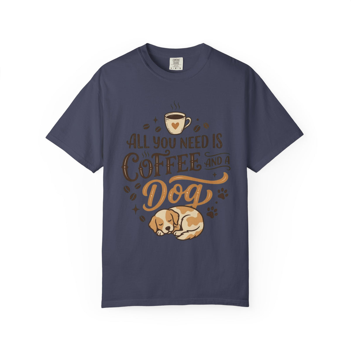 Color: Denim | Coffee and a Dog Unisex Garment-Dyed Tee