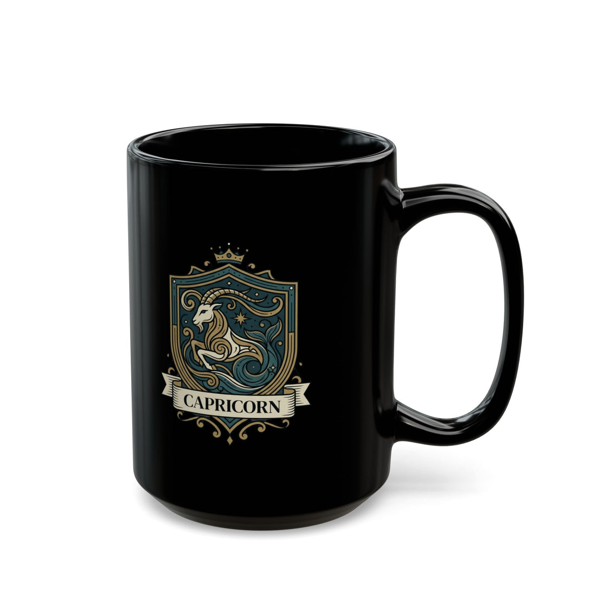 "Capricorn- The Sea-Goat Crest" Black Ceramic Mug