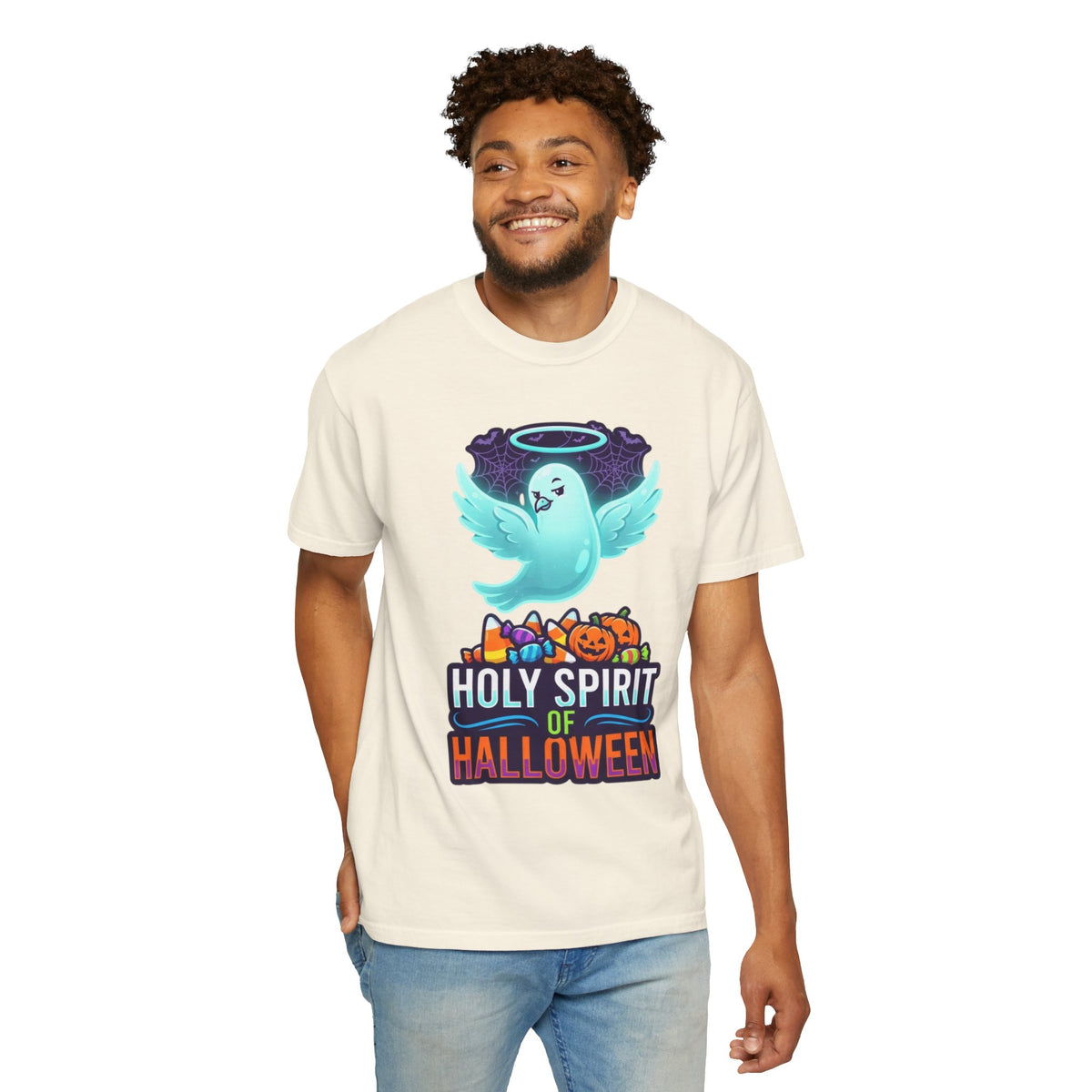 Color: Ivory | Holy Spirit of Halloween Unisex Garment-Dyed Tee