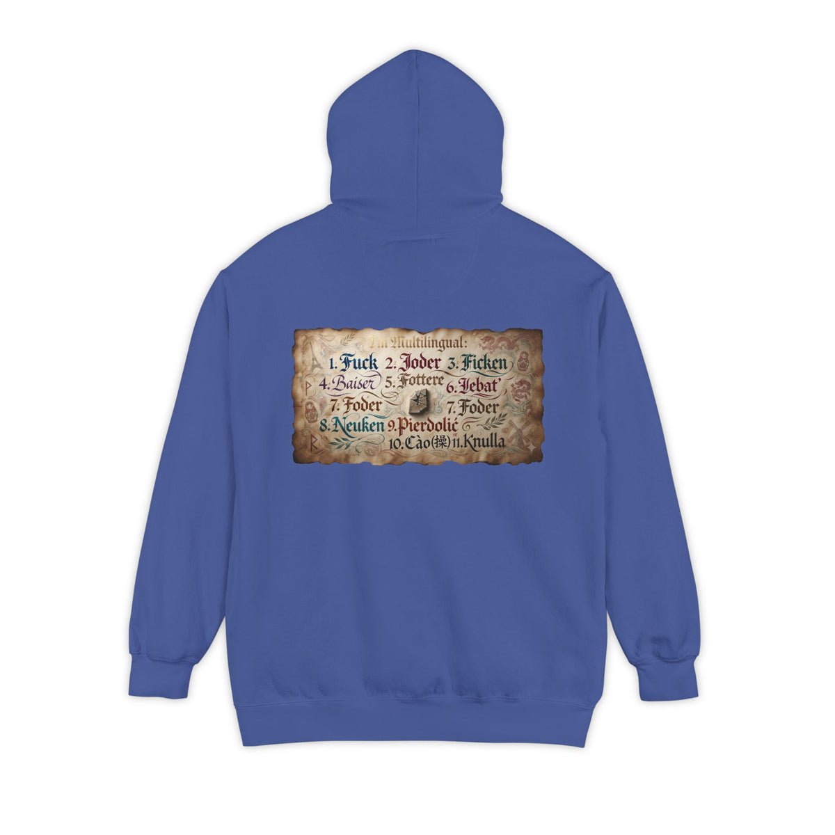 Color: Flo Blue | Multilingual Garment-Dyed Hoodie