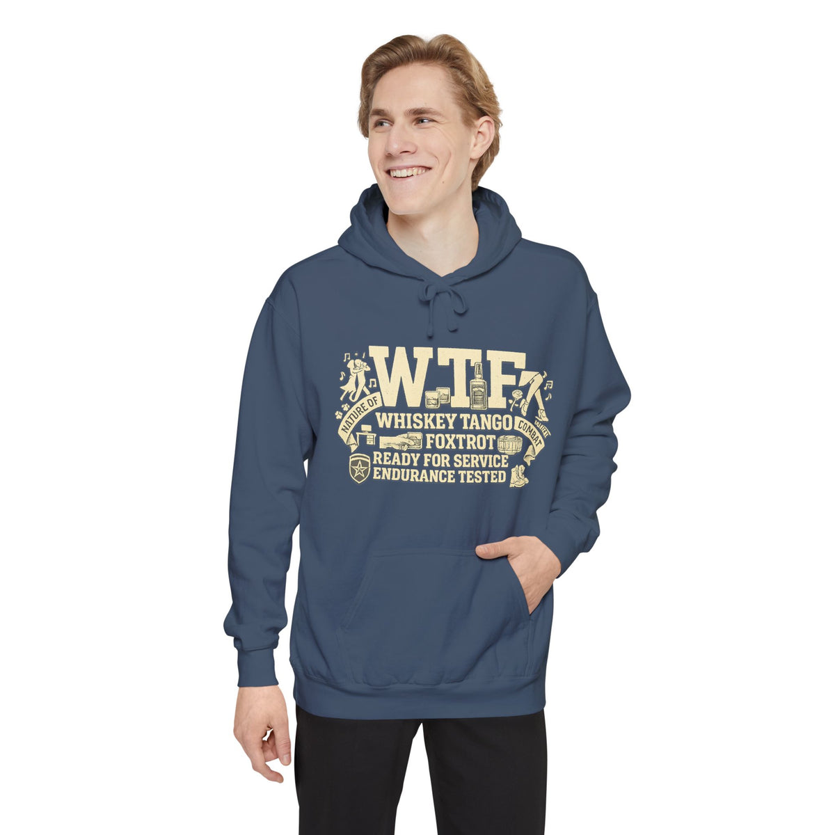 Color: Denim | WTF Nature of Combat | Garment-Dyed Hoodie — AttitudeShirts