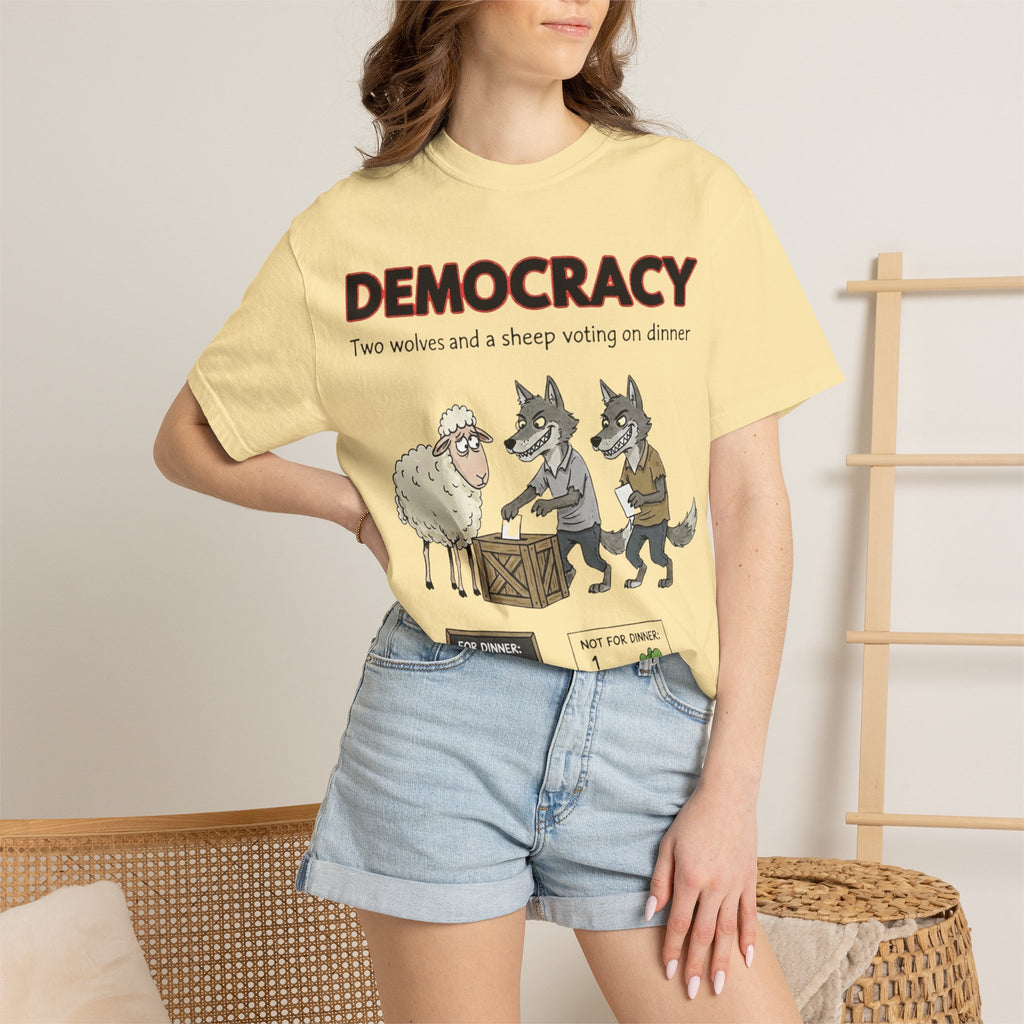 "Democracy (Two Wolves and a Sheep" Unisex Garment-Dyed T-shirt