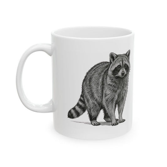 "Pencil Sketch Art Raccoon" White Ceramic Mug
