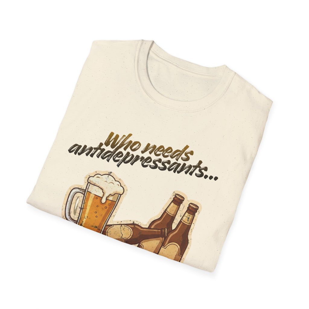 Beer Graphic T-Shirt — "Who Needs Antidepressants When You Have Beer?" Retro Pint Design