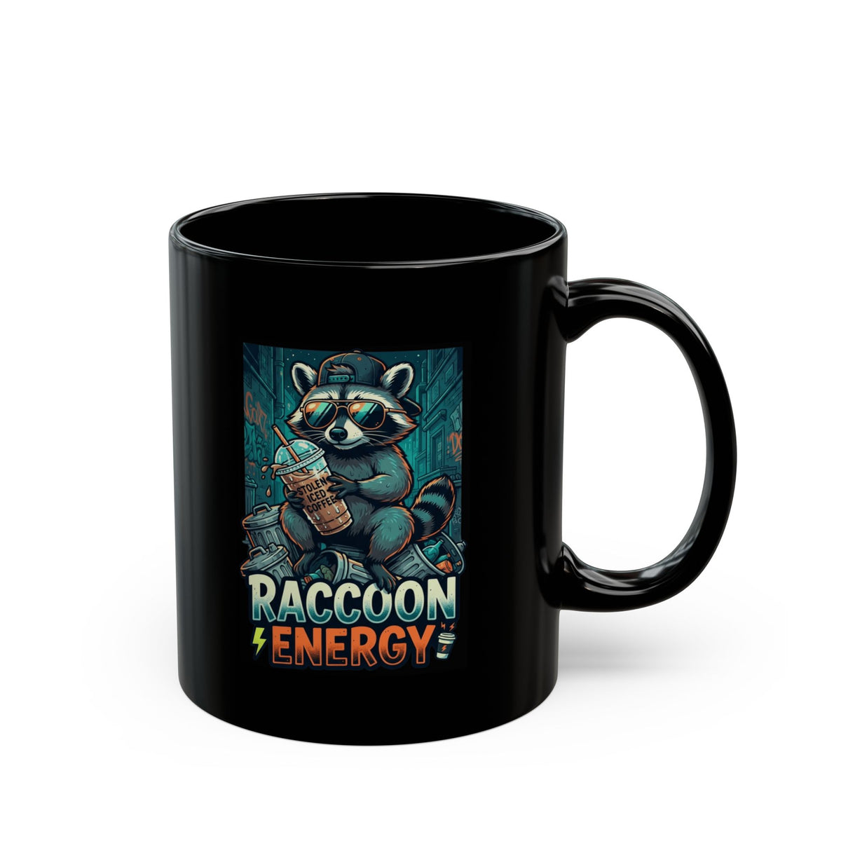 "Raccoon Energy" Black Ceramic Mug