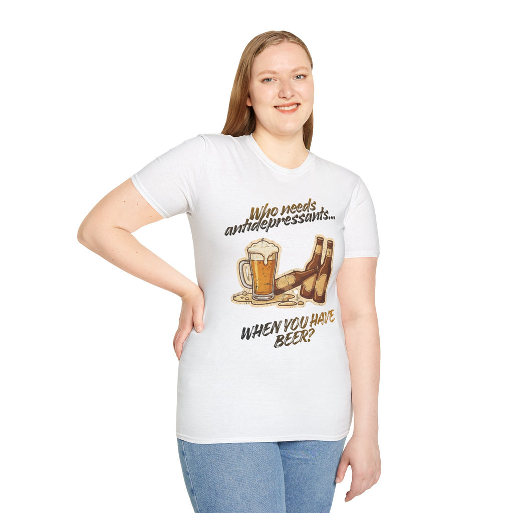 Beer Graphic T-Shirt — "Who Needs Antidepressants When You Have Beer?" Retro Pint Design