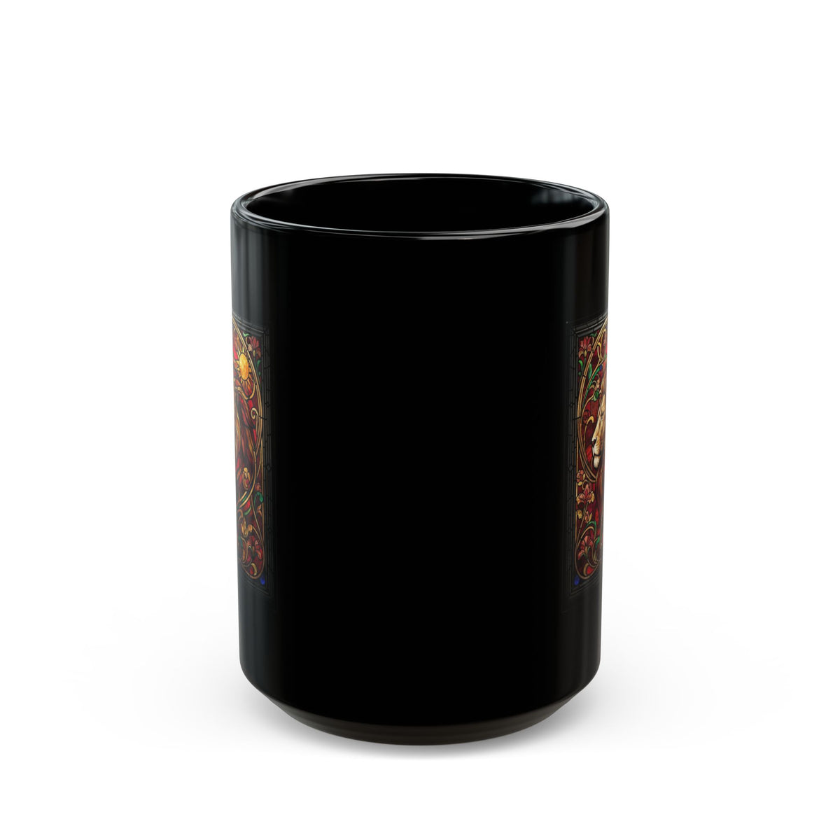 "Stained Glass Sign LEO" Black Ceramic Mug