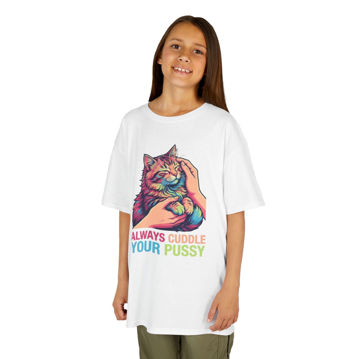 Color: White | Always Cuddle Your Pussy Kids Tee