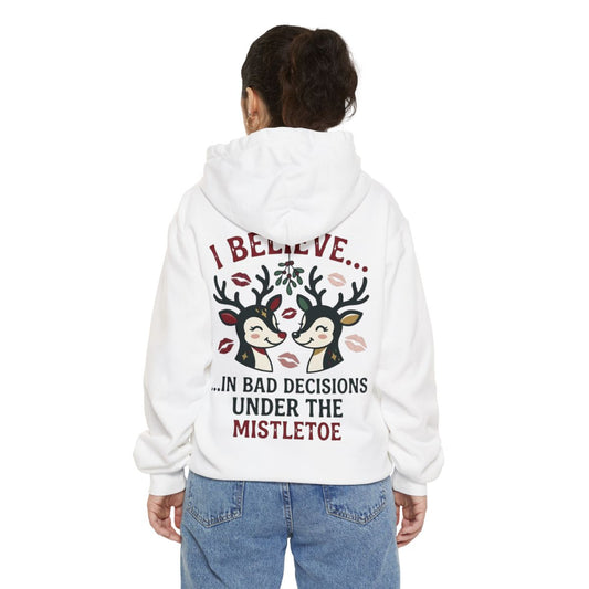 Color: White | Bad Decisions Under the Mistletoe Garment-Dyed Hoodie