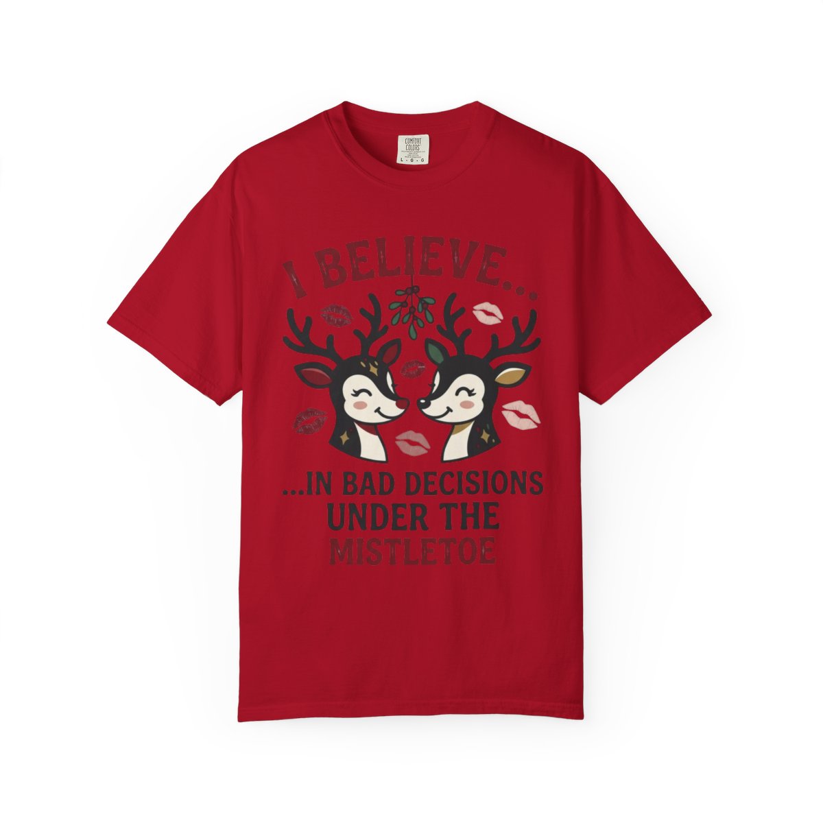 Color: Red | Bad Decisions Under the Mistletoe Unisex Garment-Dyed Tee