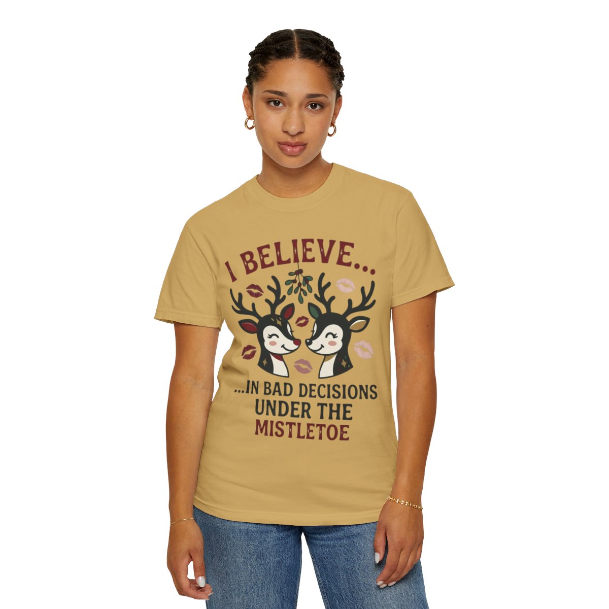 Color: Mustard | Bad Decisions Under the Mistletoe Unisex Garment-Dyed Tee