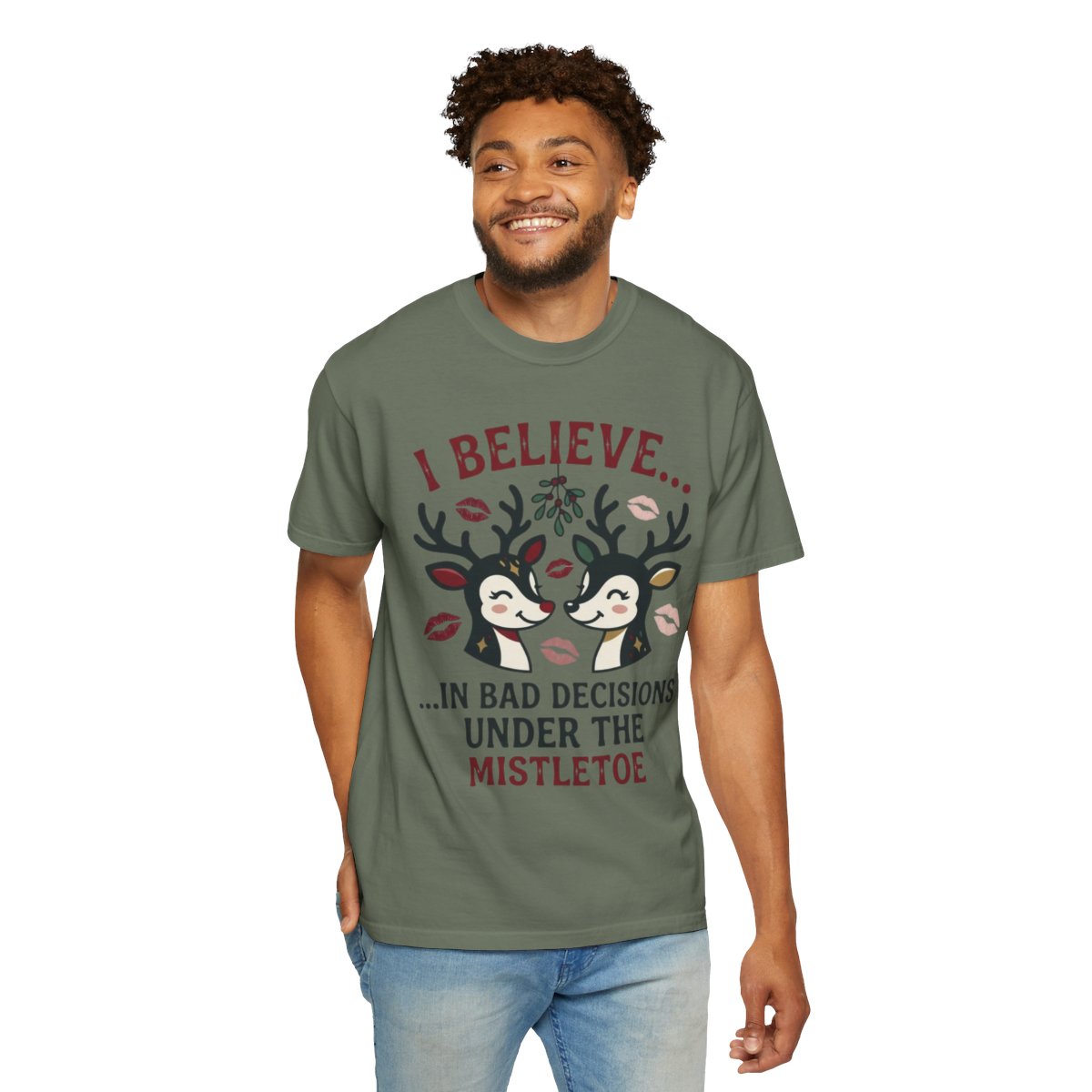 Color: Moss | Bad Decisions Under the Mistletoe Unisex Garment-Dyed Tee