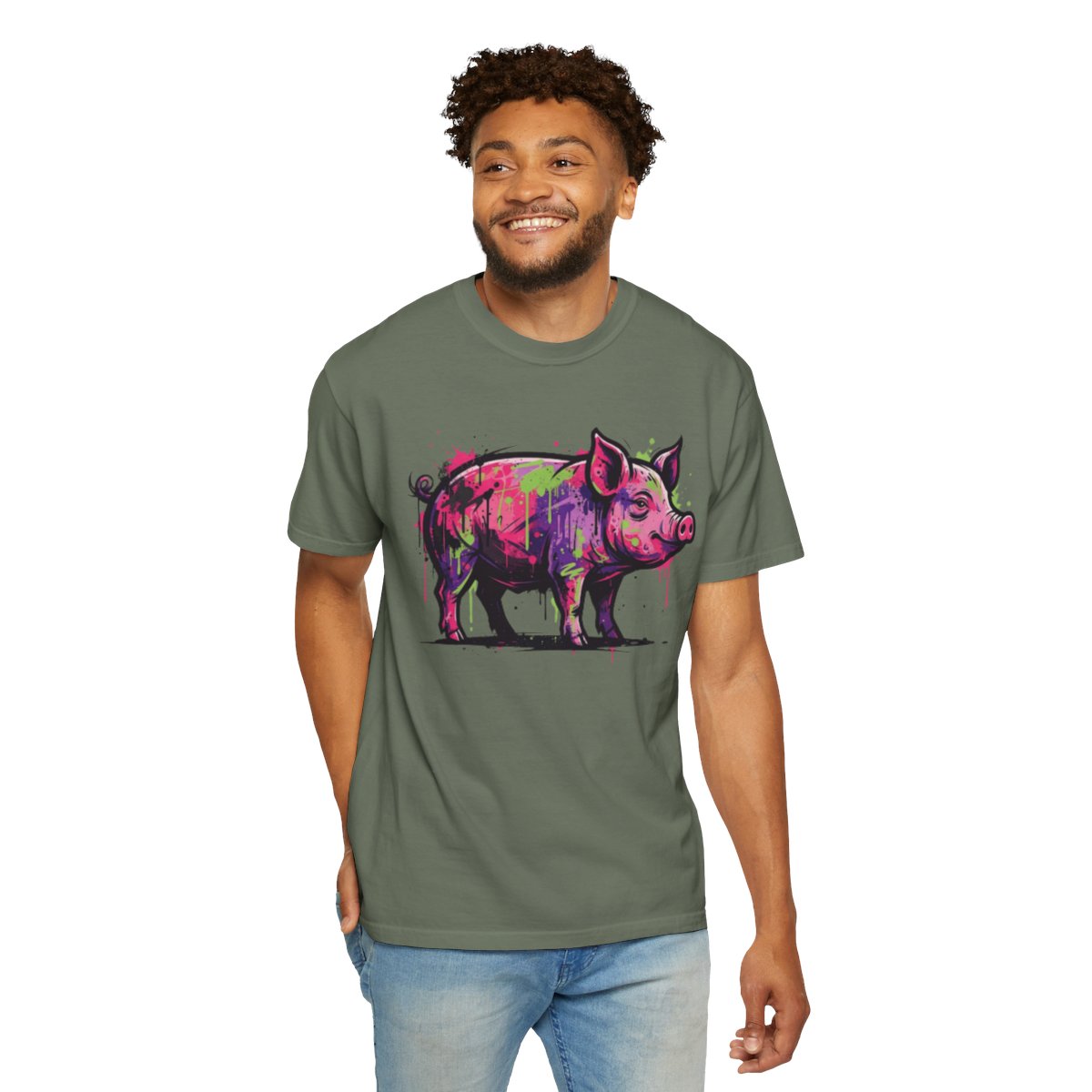 Color: Moss | Barnyard Pig Unisex Garment-Dyed Tee