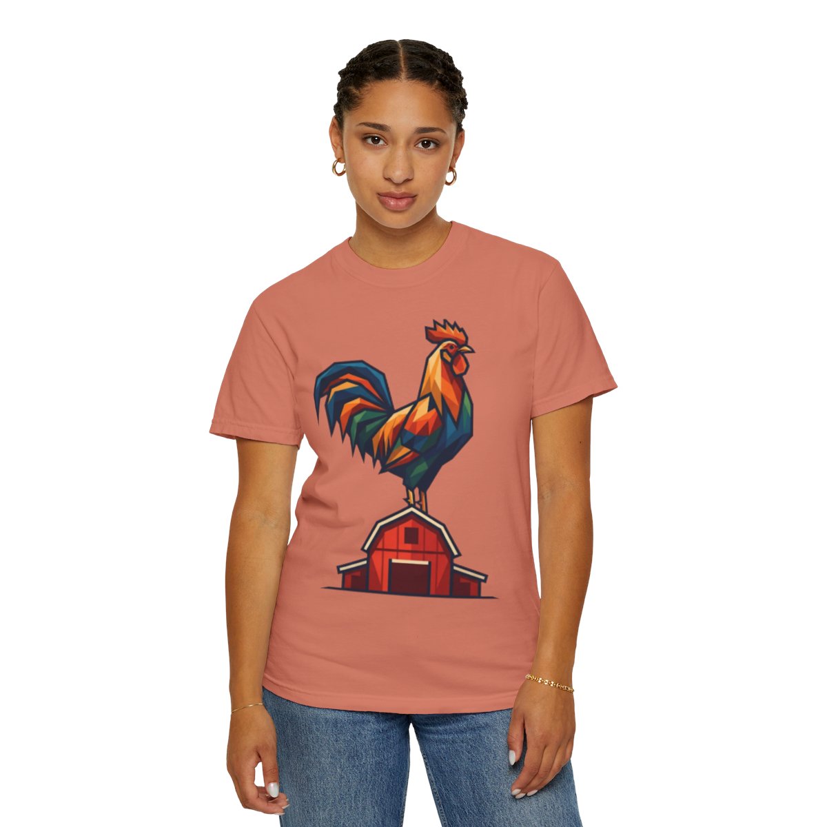 Color: Terracotta | Barnyard Rooster Unisex Garment-Dyed Tee