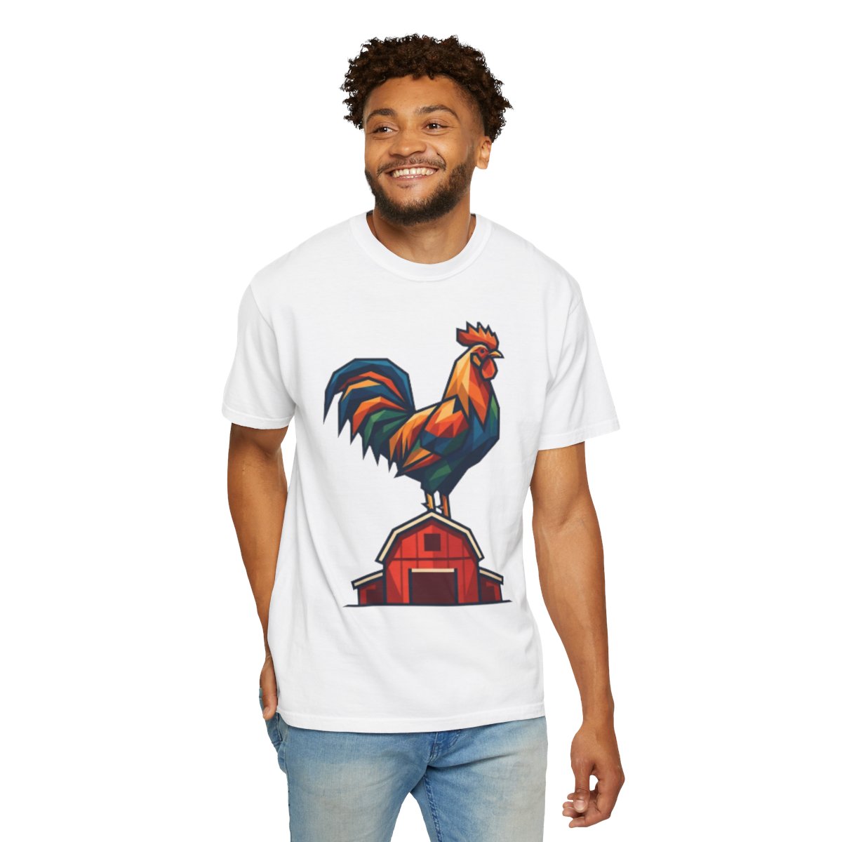Color: White | Barnyard Rooster Unisex Garment-Dyed Tee