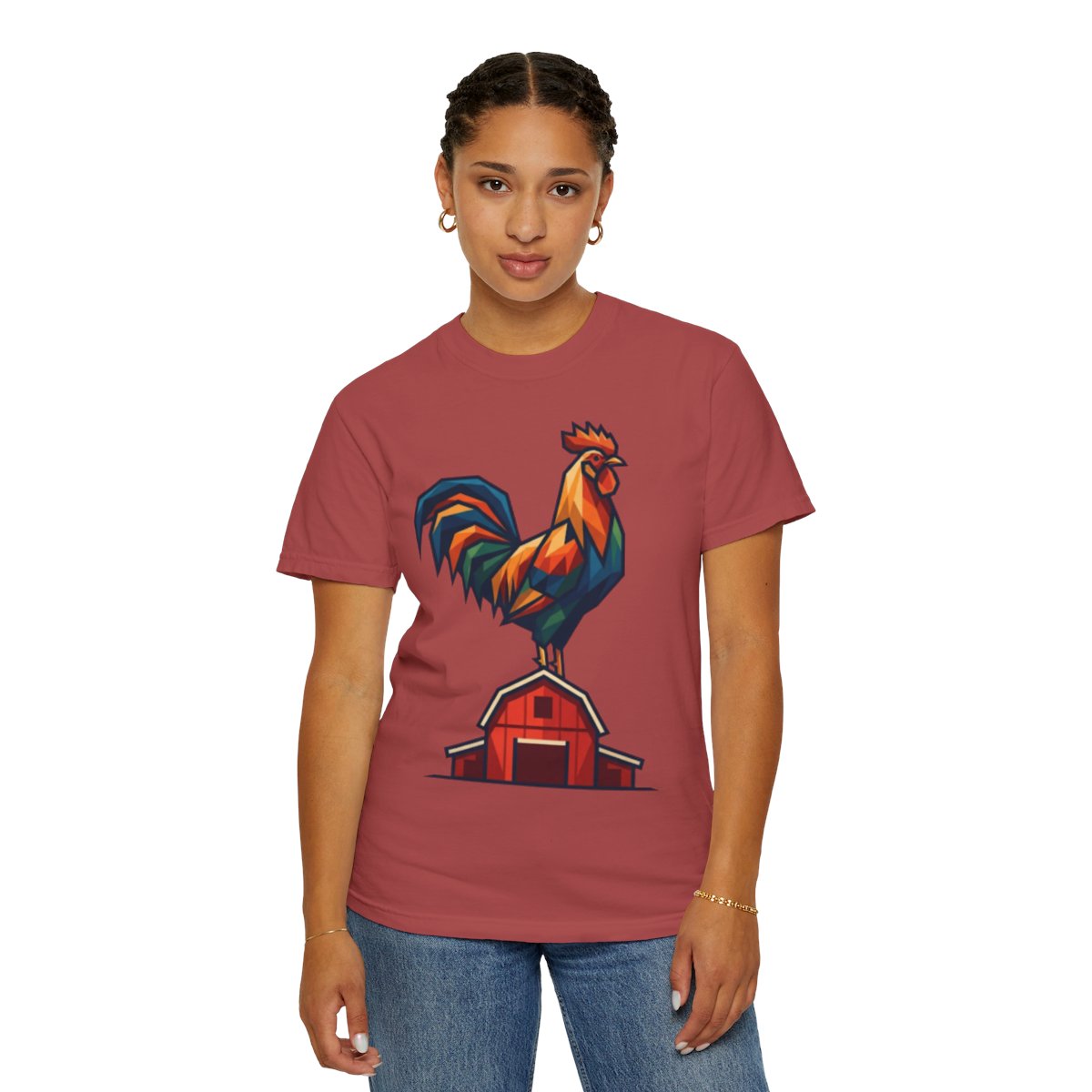 Color: Crimson | Barnyard Rooster Unisex Garment-Dyed Tee