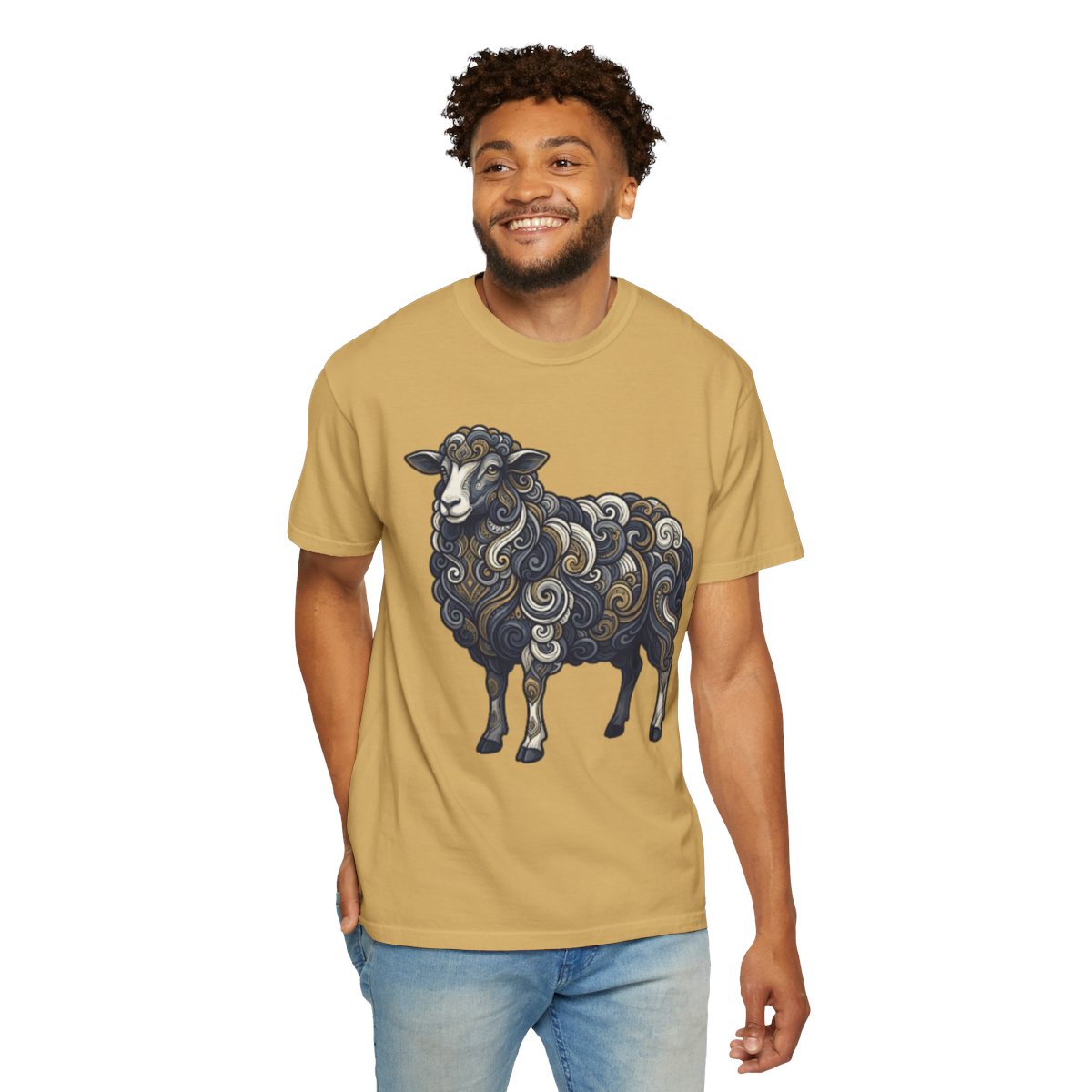 Color: Mustard | Barnyard Sheep Unisex Garment-Dyed Tee