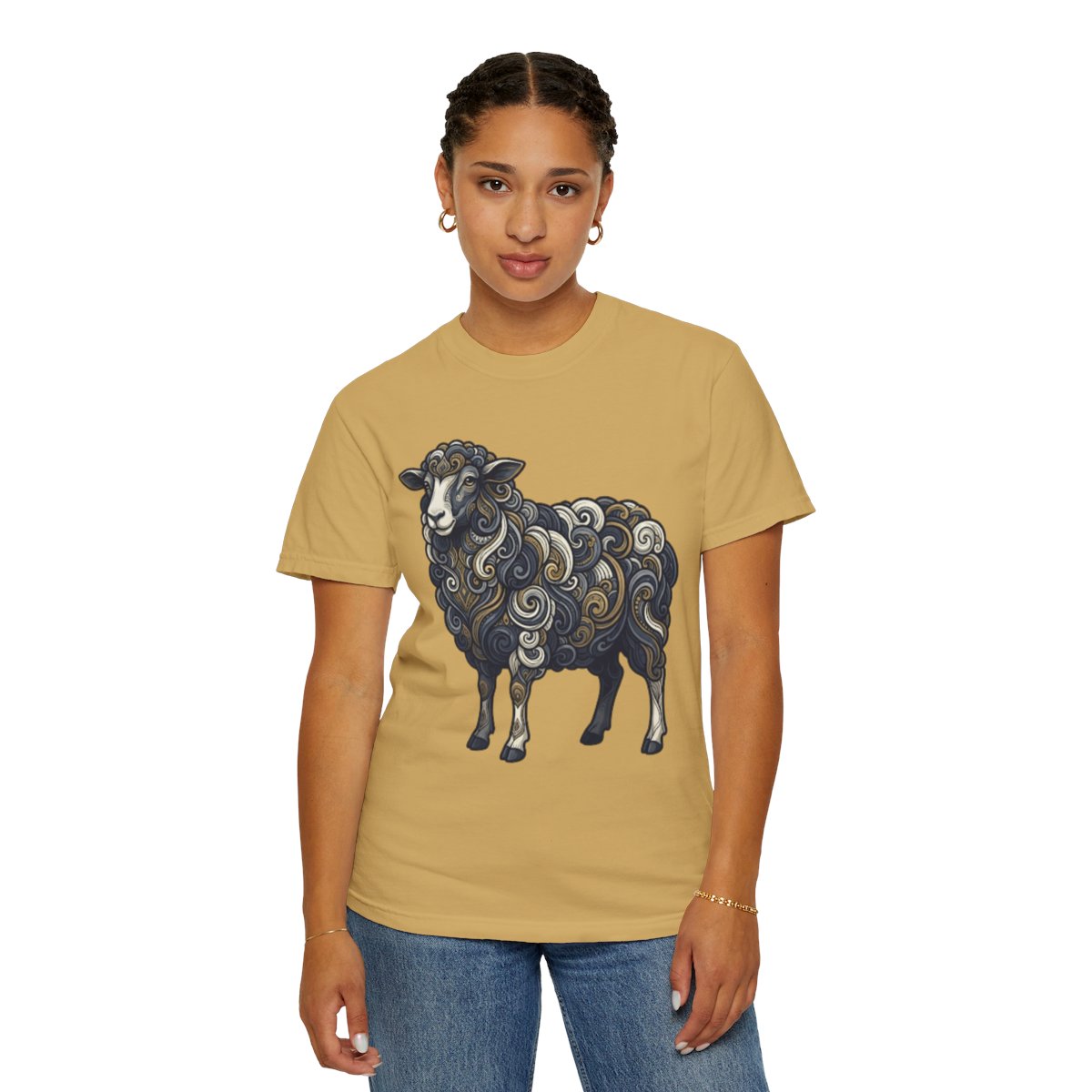 Color: Mustard | Barnyard Sheep Unisex Garment-Dyed Tee