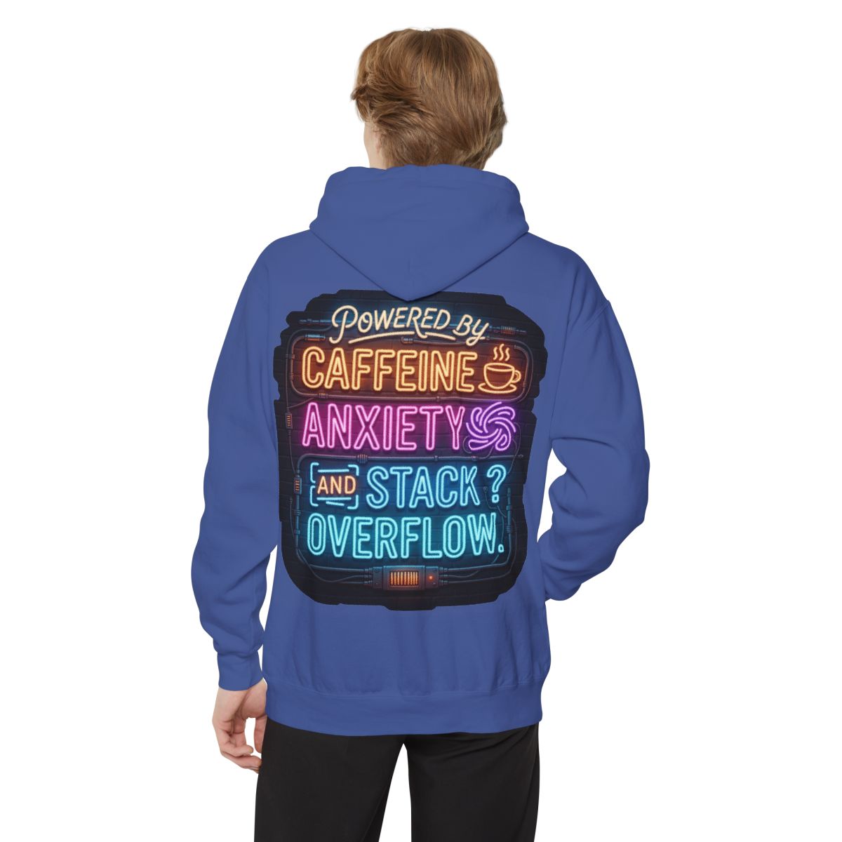 Color: Flo Blue | Caffeine Anxiety And Stack Overflow Garment-Dyed Hoodie
