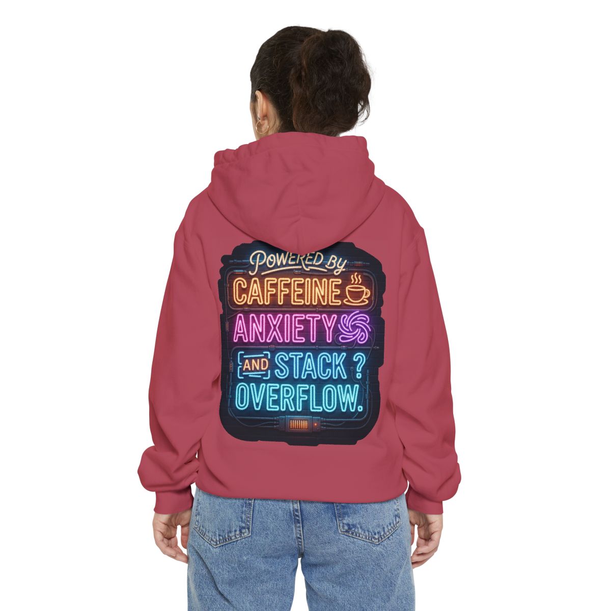 Color: Crimson | Caffeine Anxiety And Stack Overflow Garment-Dyed Hoodie