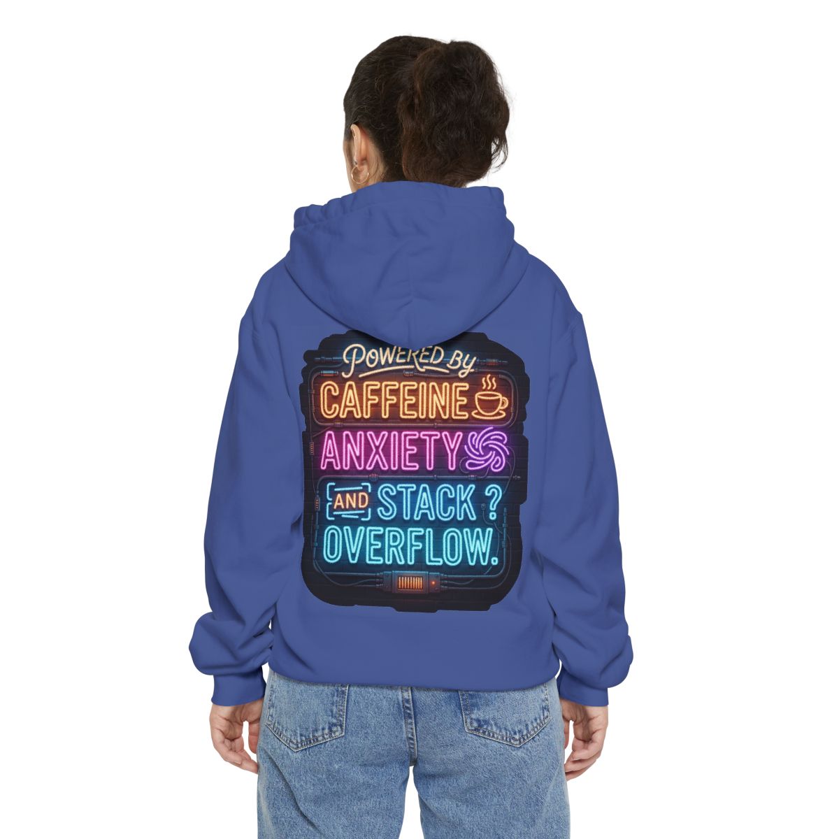 Color: Flo Blue | Caffeine Anxiety And Stack Overflow Garment-Dyed Hoodie