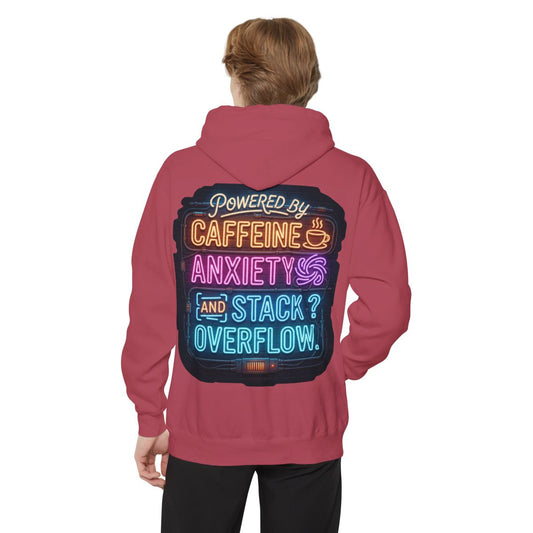 Color: Crimson | Caffeine Anxiety And Stack Overflow Garment-Dyed Hoodie