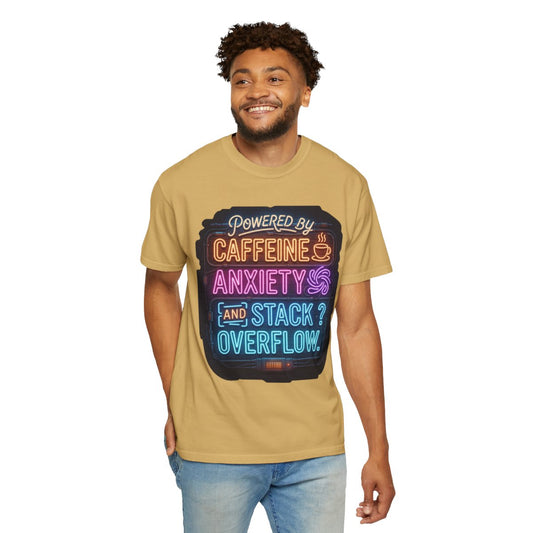 Color: Mustard | Caffeine Anxiety And Stack Overflow Unisex Garment-Dyed Tee
