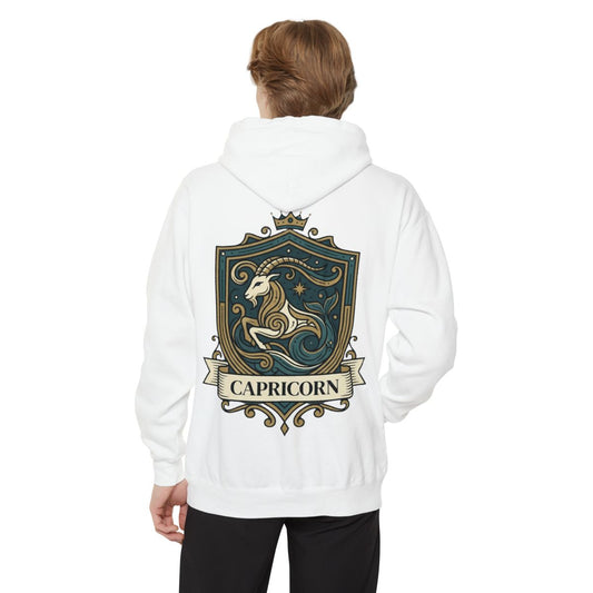 Color: White | Capricorn- The Sea-Goat Crest Garment-Dyed Hoodie