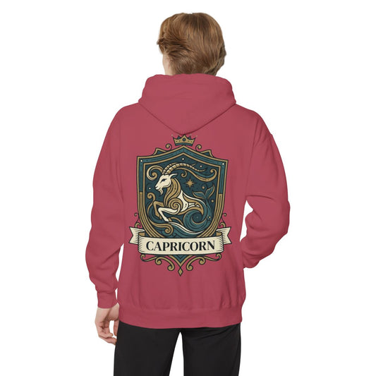 Color: Crimson | Capricorn- The Sea-Goat Crest Garment-Dyed Hoodie