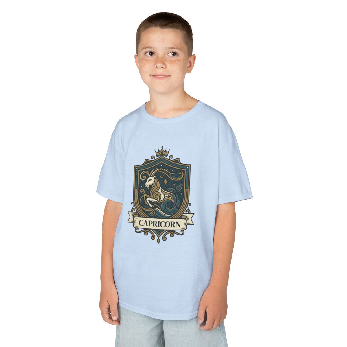 Color: Light Blue | Capricorn- The Sea-Goat Crest Kids Tee