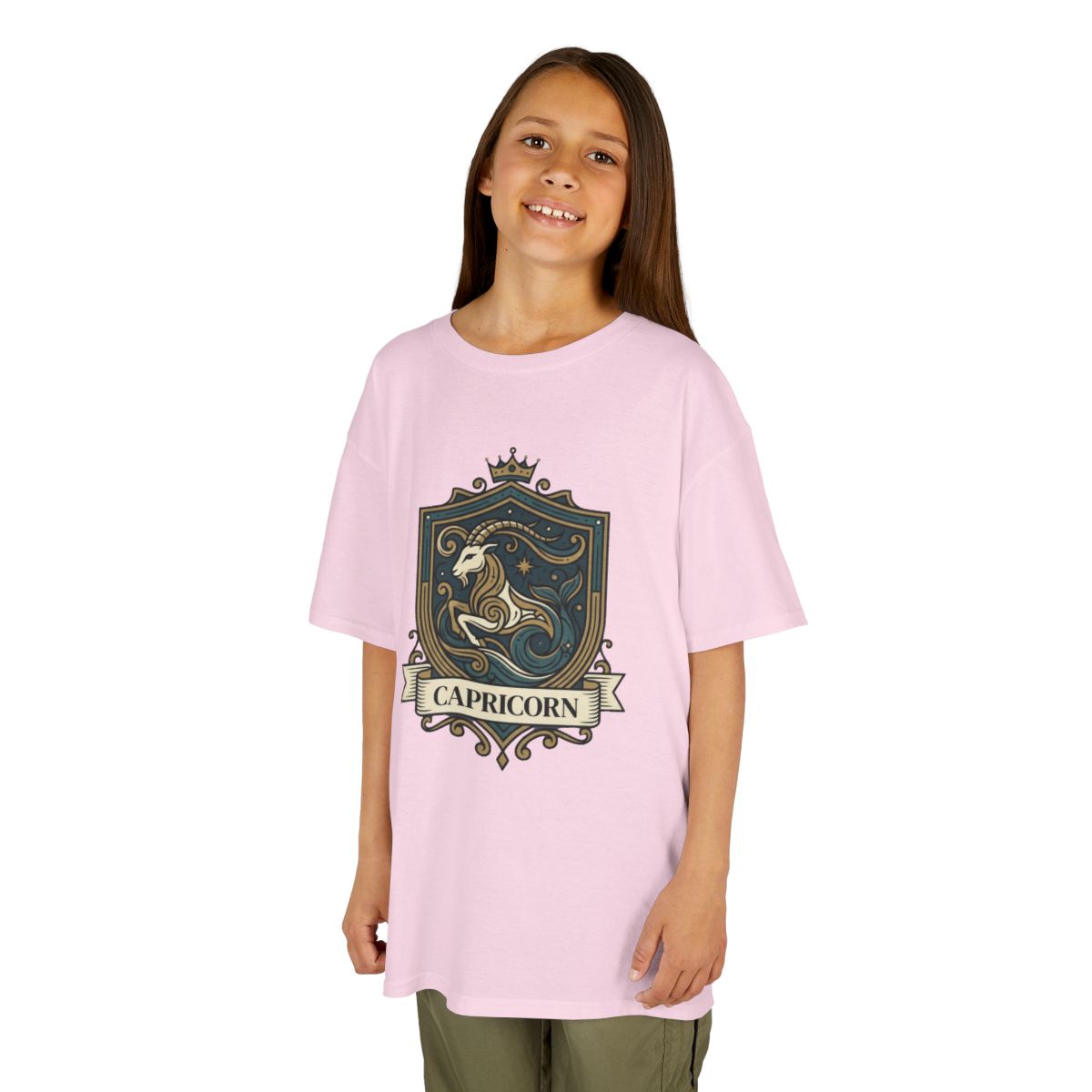 Color: Light Pink | Capricorn- The Sea-Goat Crest Kids Tee