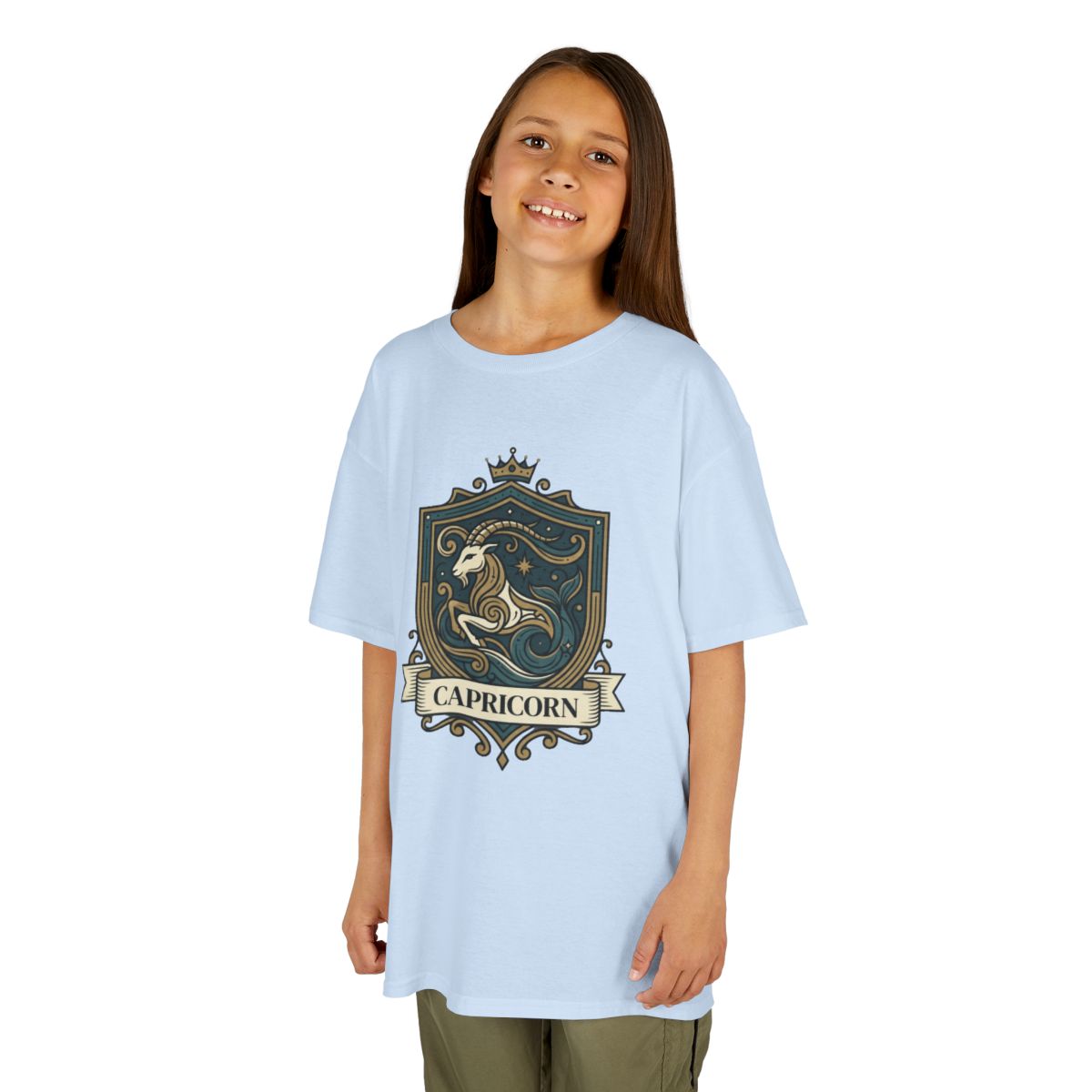 Color: Light Blue | Capricorn- The Sea-Goat Crest Kids Tee