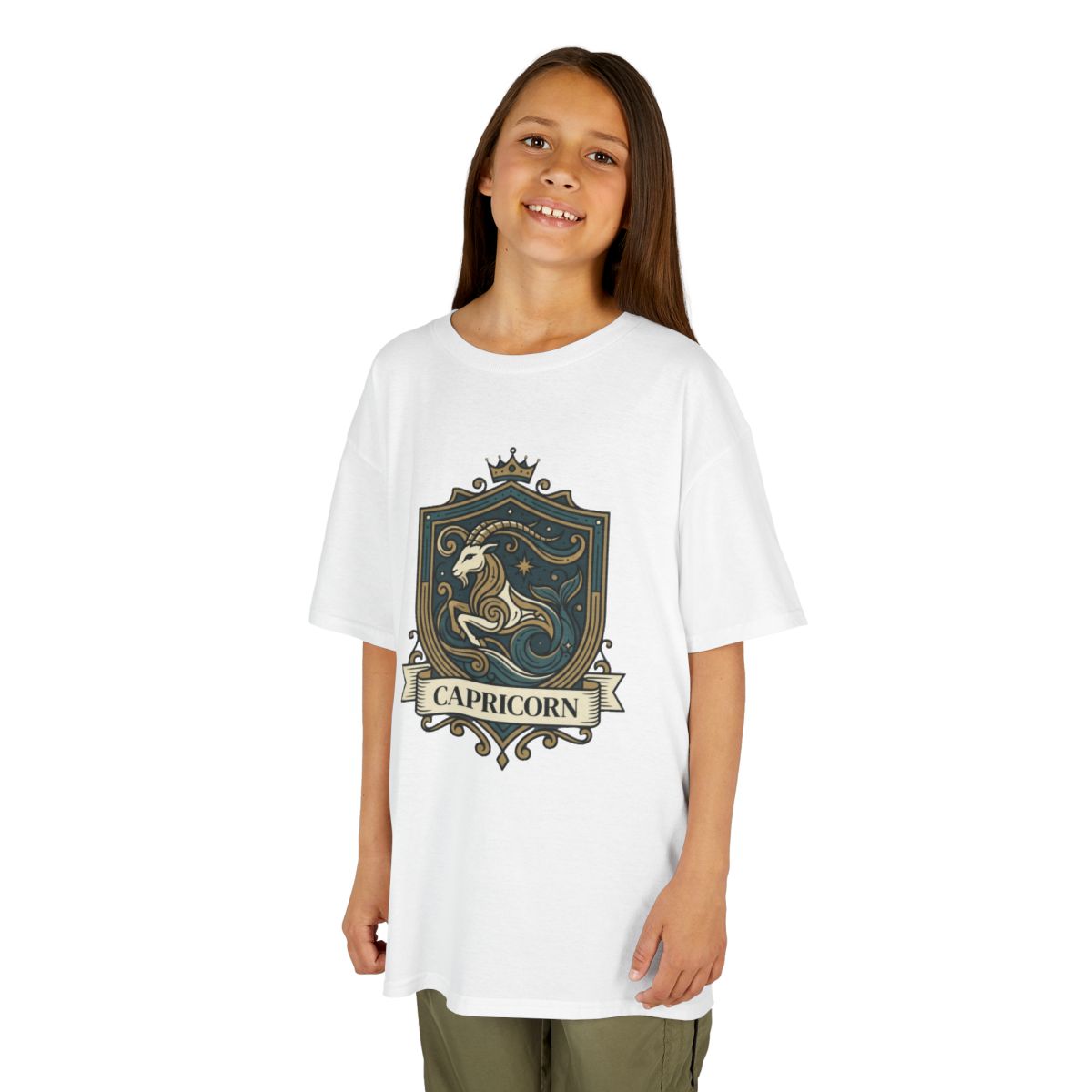 Color: White | Capricorn- The Sea-Goat Crest Kids Tee