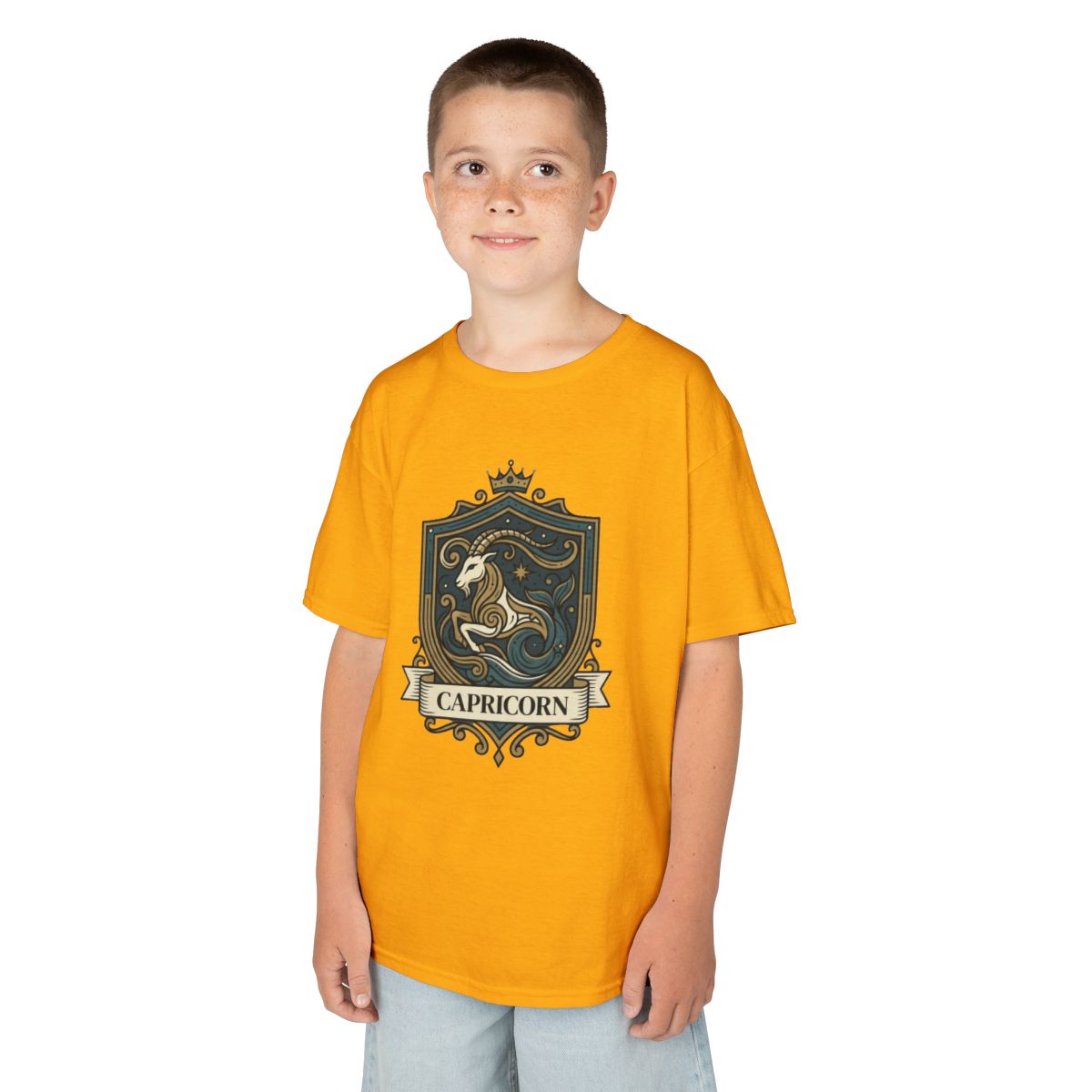 Color: Gold | Capricorn- The Sea-Goat Crest Kids Tee
