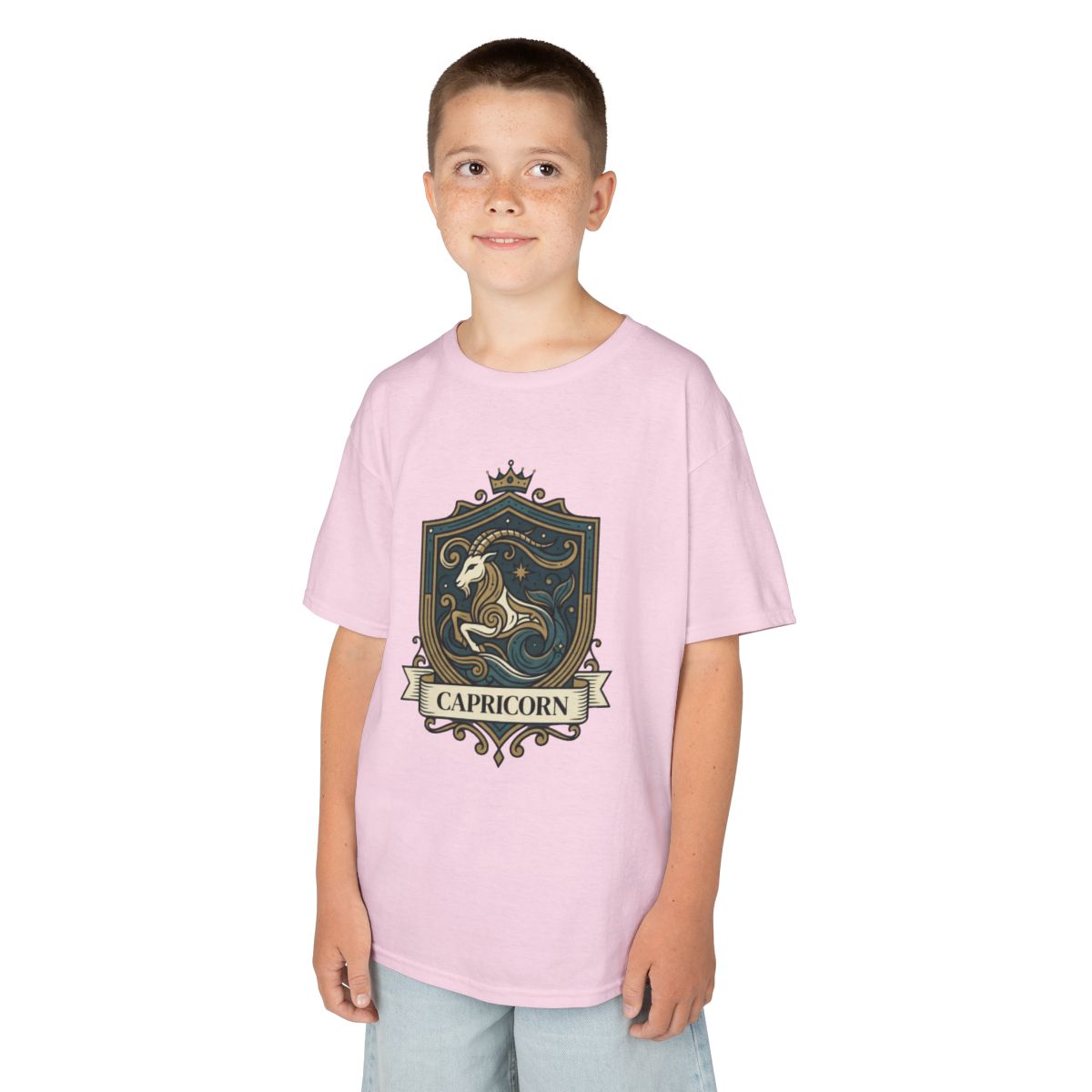 Color: Light Pink | Capricorn- The Sea-Goat Crest Kids Tee