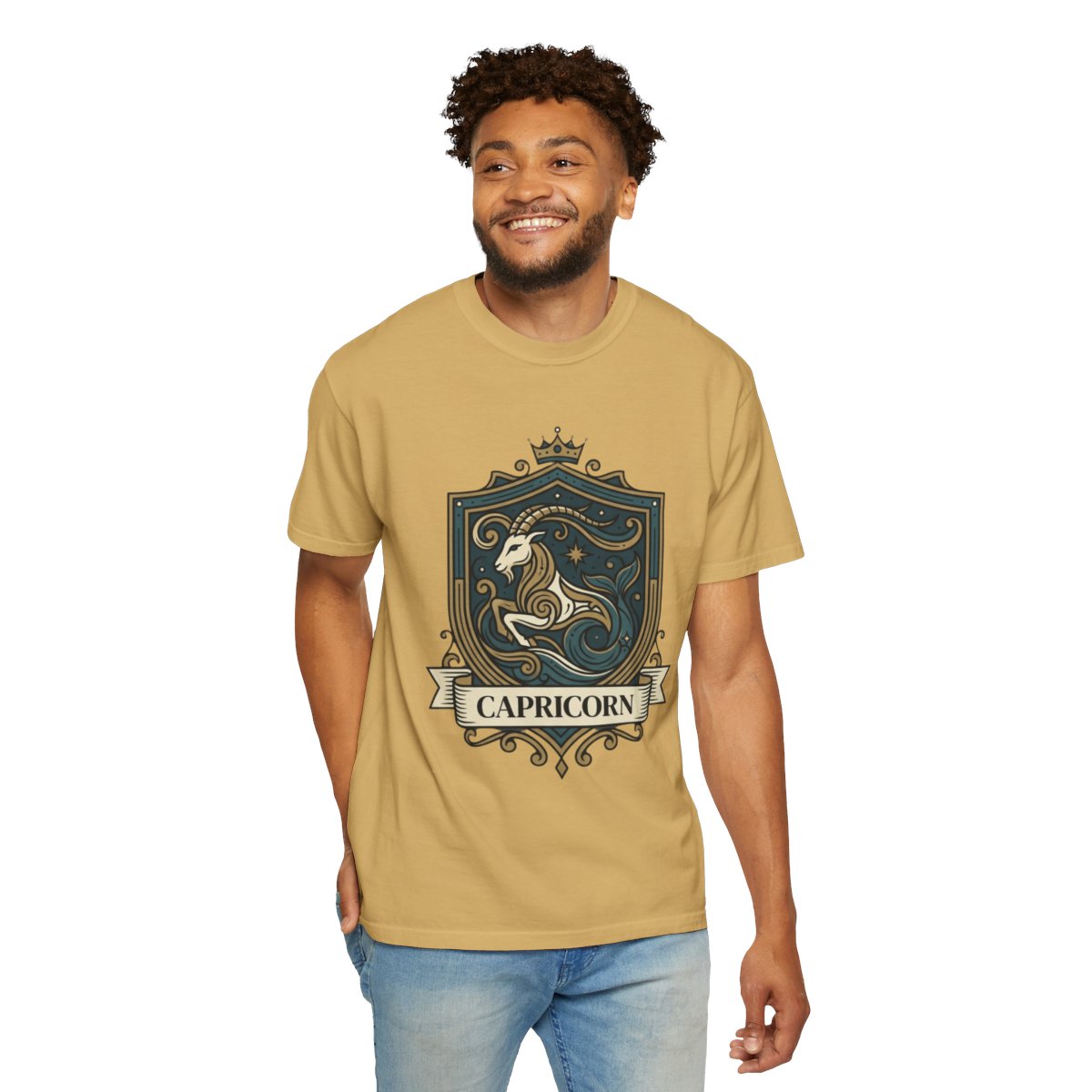 Color: Mustard | Capricorn- The Sea-Goat Crest Unisex Garment-Dyed Tee