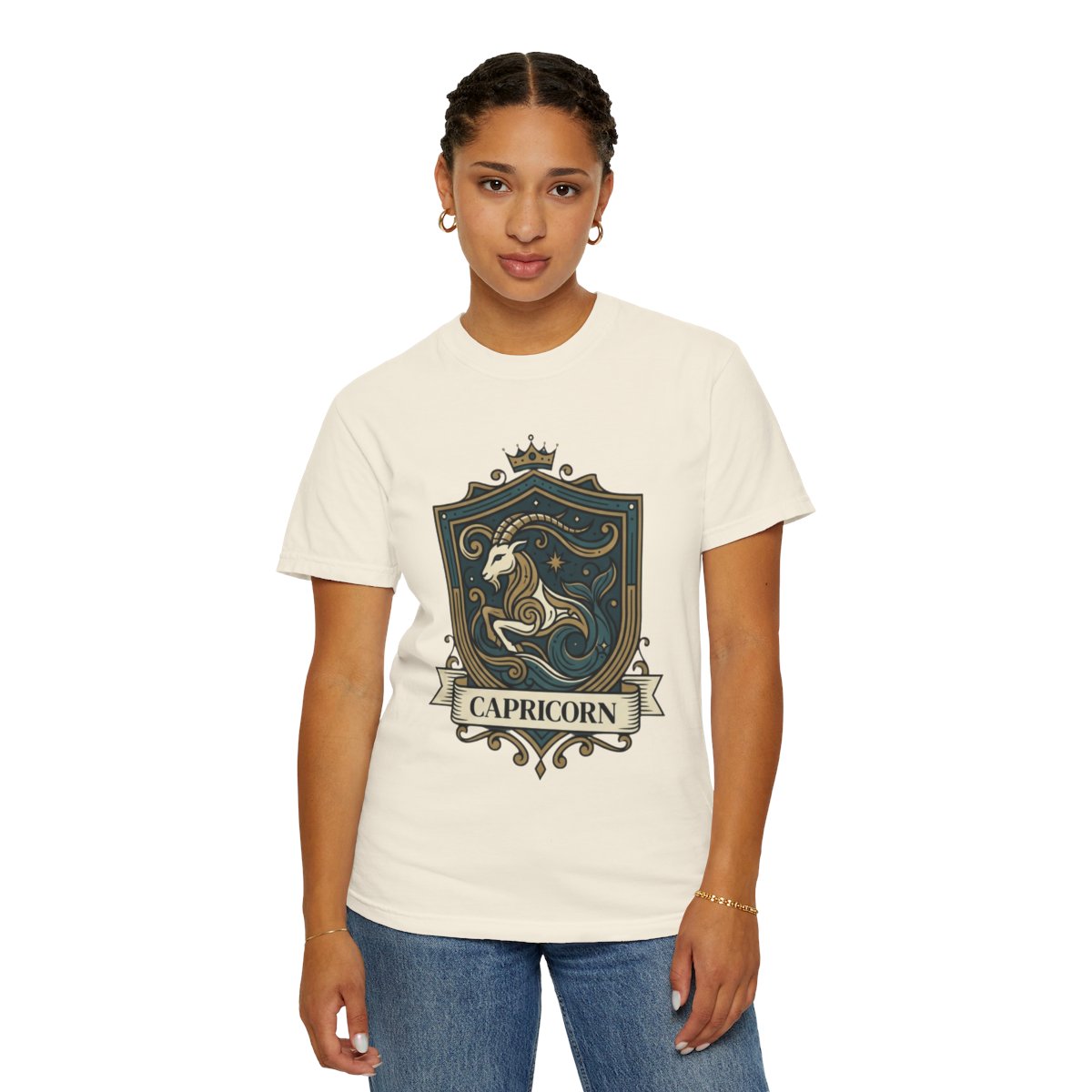 Color: Ivory | Capricorn- The Sea-Goat Crest Unisex Garment-Dyed Tee