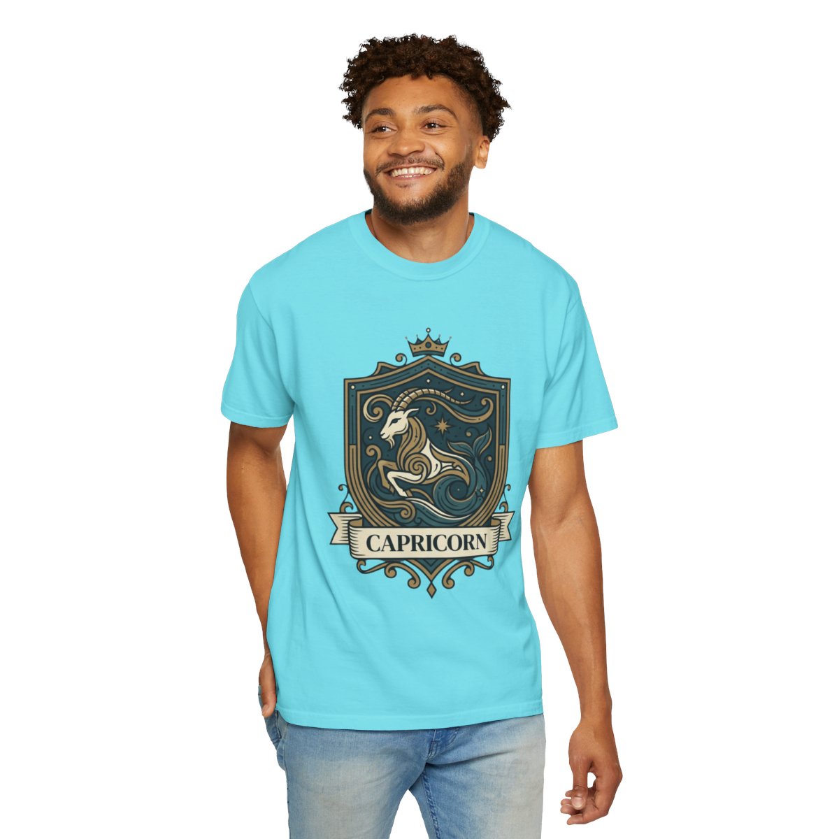 Color: Lagoon Blue | Capricorn- The Sea-Goat Crest Unisex Garment-Dyed Tee