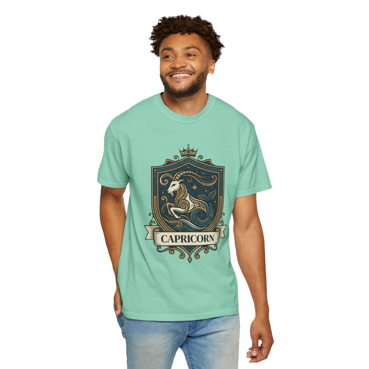 Color: Island Reef | Capricorn- The Sea-Goat Crest Unisex Garment-Dyed Tee