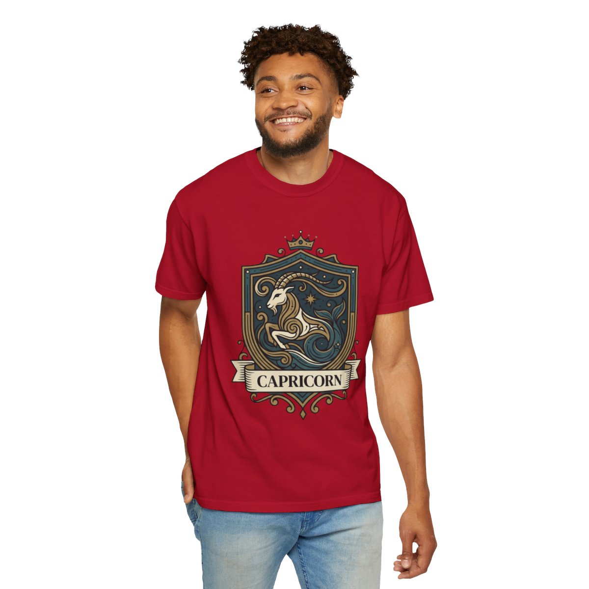 Color: Red | Capricorn- The Sea-Goat Crest Unisex Garment-Dyed Tee